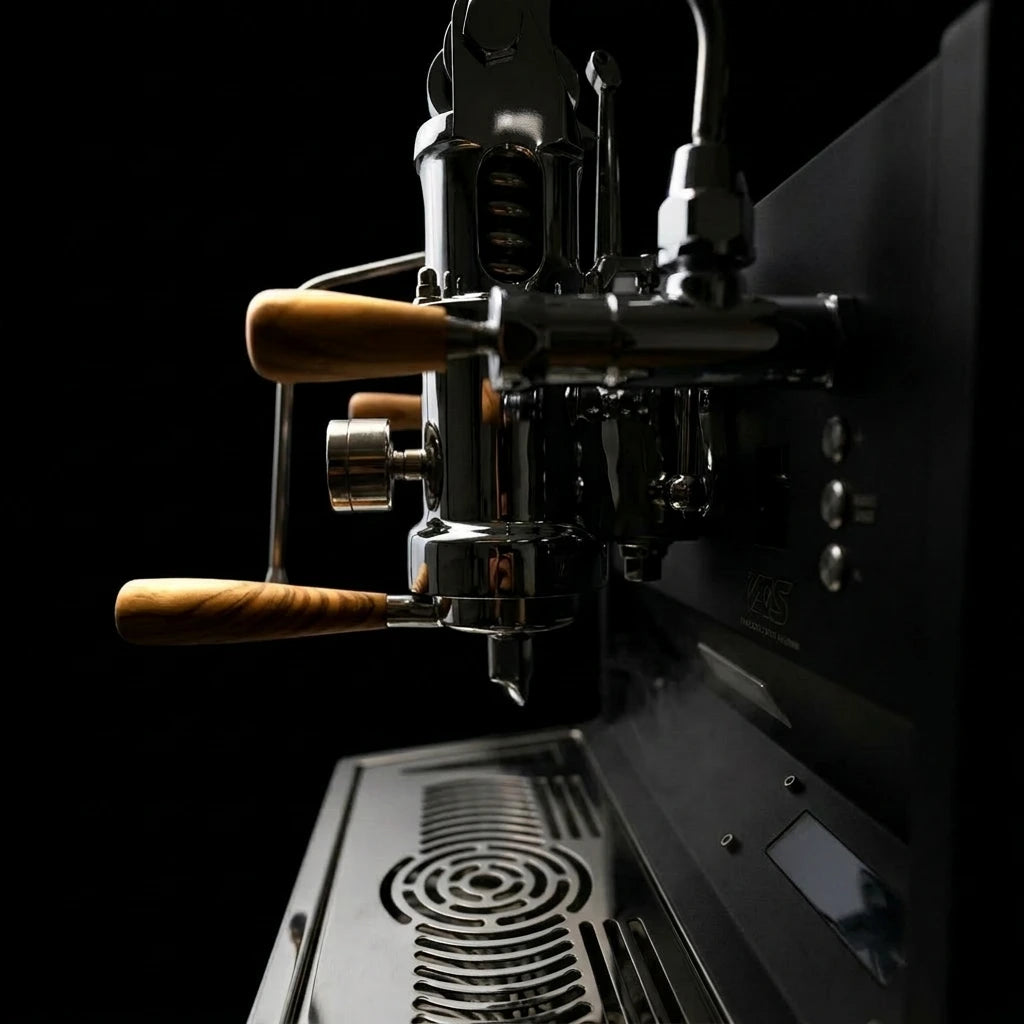 Close-up of ACS Vostok One Group Espresso Machine showcasing lever and polished chrome finish.