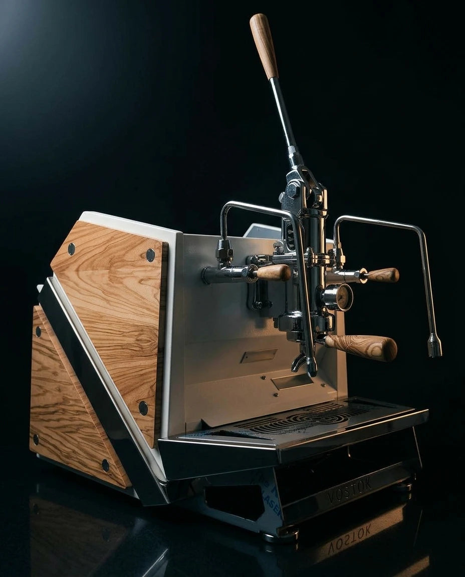ACS Vostok One Group Espresso Machine with wooden accents and lever-operated brewing mechanism.