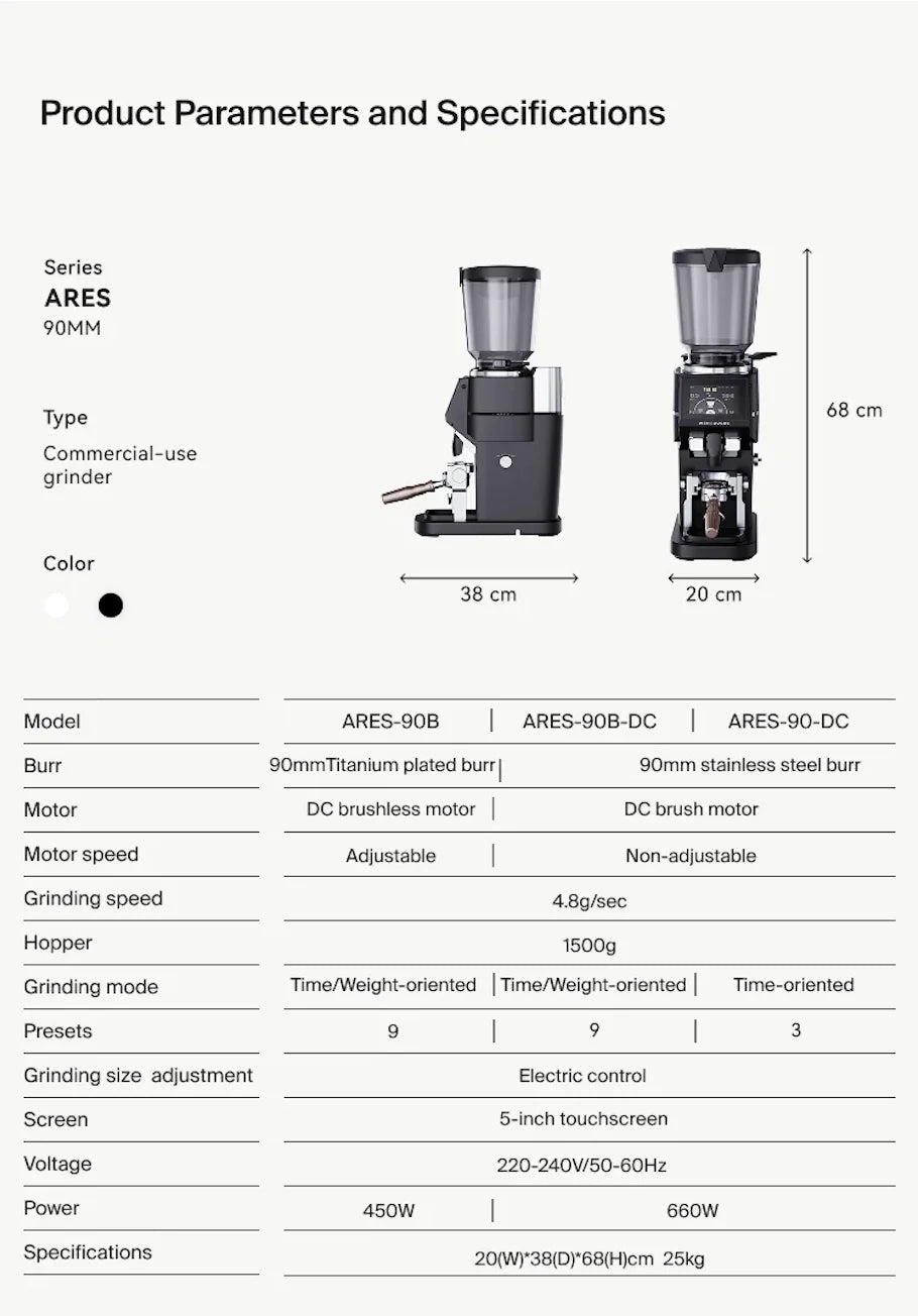 Wendougee Ares 90mm Commercial Espresso Grinder specs vellutto.eu