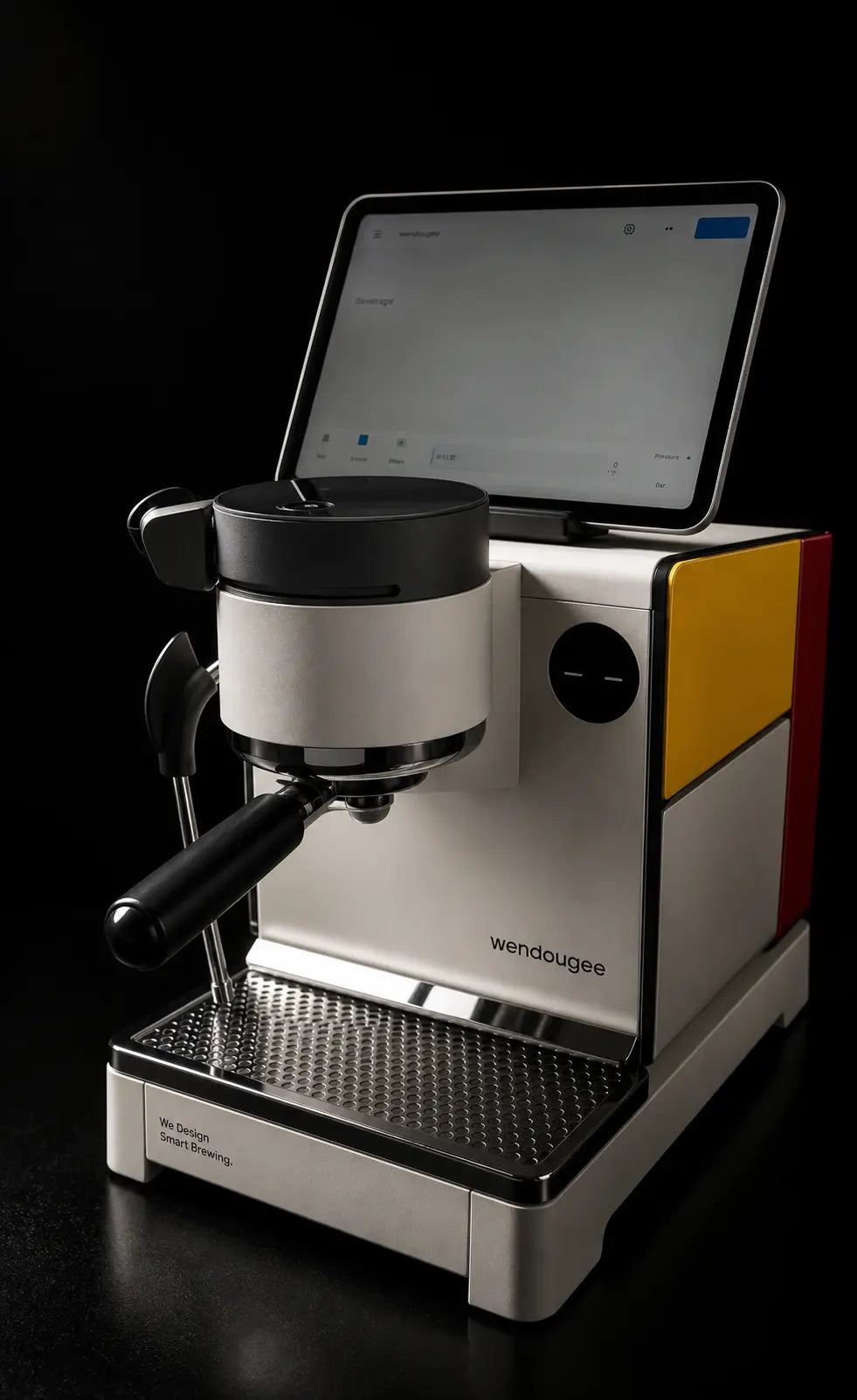 Wendougee LITA SIGMA White with tablet top view espresso machine with a digital display on a black background
