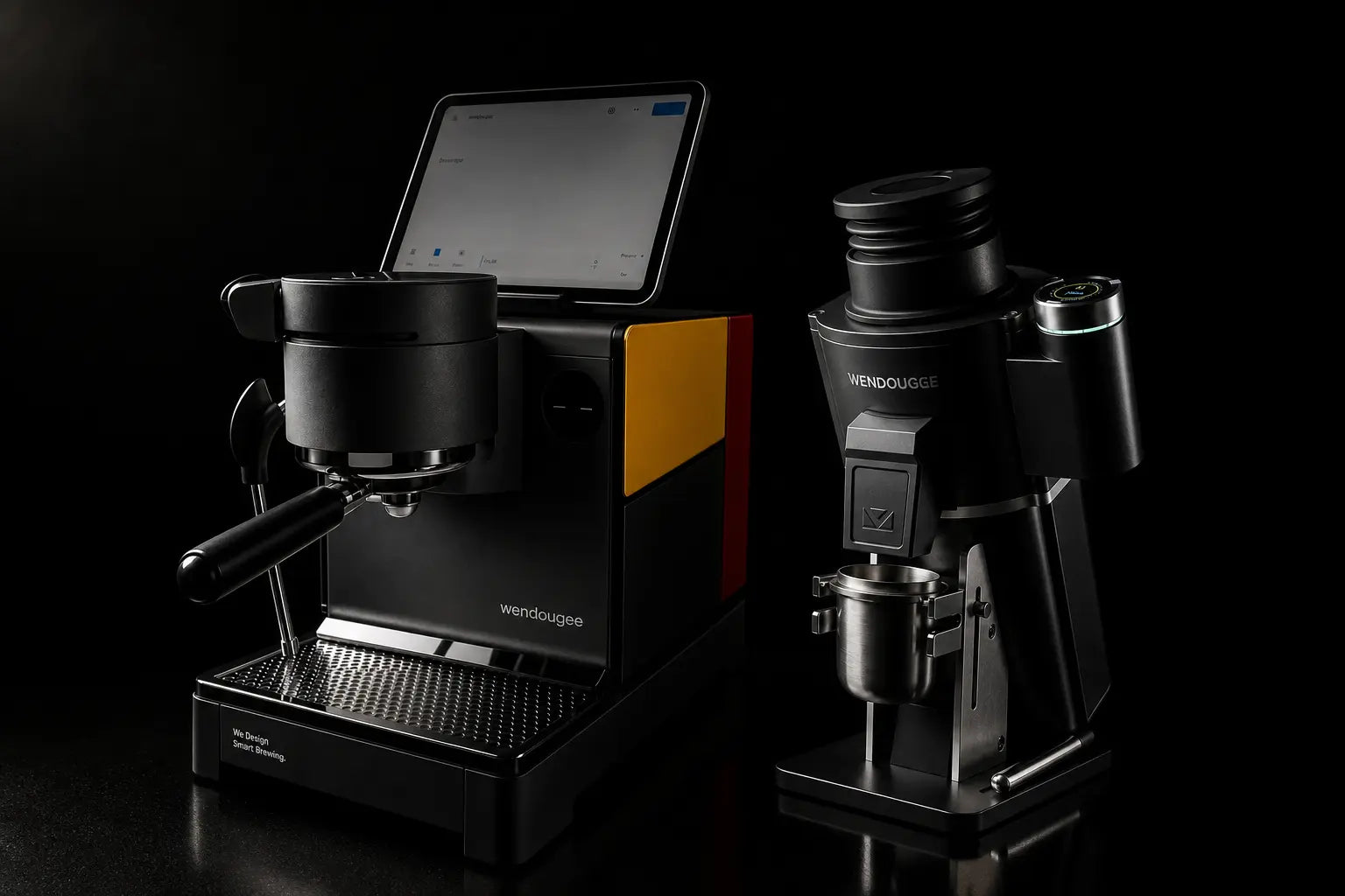Wendougee SIGMA Espresso machine and Wendougee MILO Play coffee grinder on a black background