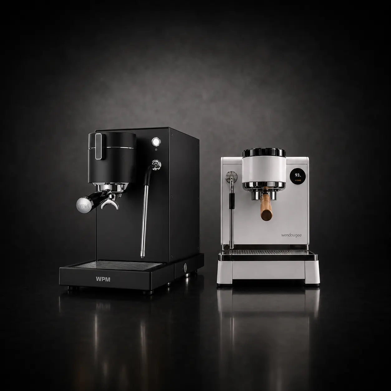 WPM Primus or Wendougee LITA BA coffee machines showcased side by side on a dark background.
