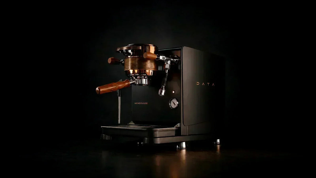 Wendougee DATA S espresso machine in a dark setting, showcasing its sleek design and features.