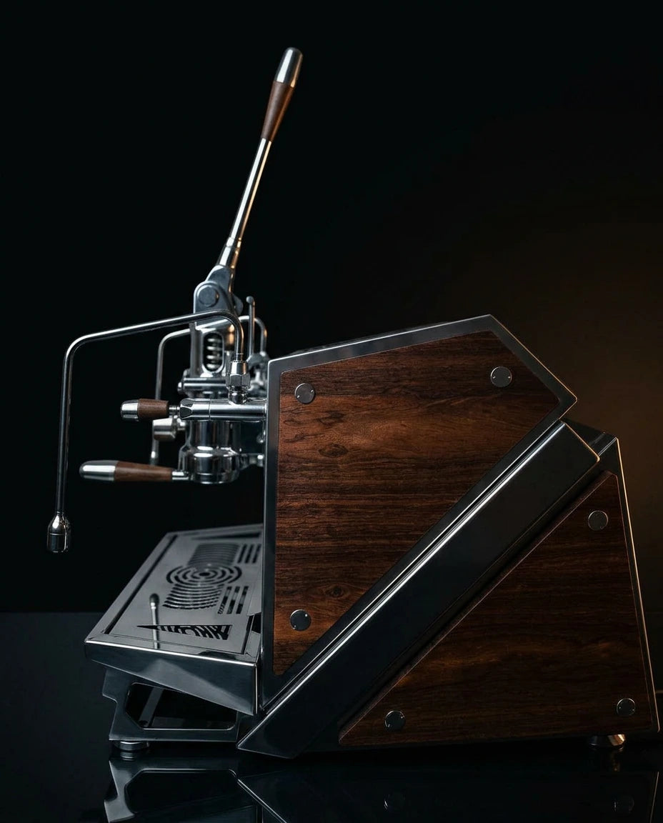 ACS Vostok One Group Espresso Machine side view, featuring a manual brew lever and elegant wood accents.