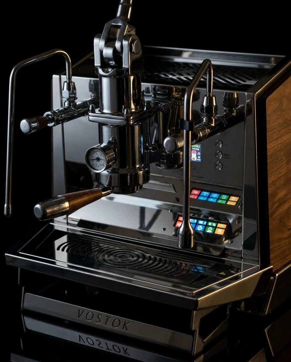 ACS Vostok One Group Espresso Machine with lever and digital controls, designed for precision brewing.