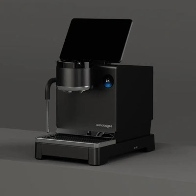 Wendougee LITA BA in Black, three-quarter angle, showing the cool-touch steam wand and screen showing the brew boiler temperature.
