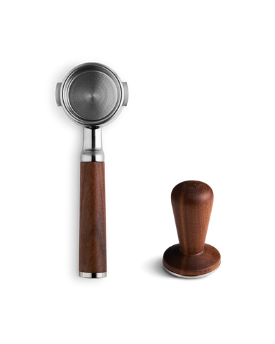 Fellow Espresso Series 1 portafilter and wooden tamper set for perfect espresso brewing.