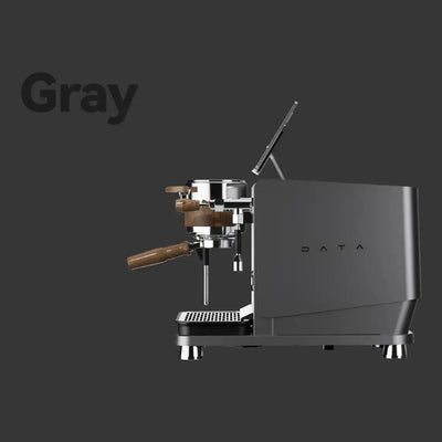 Wendougee DATA S Gray espresso machine with wooden handle on a black background