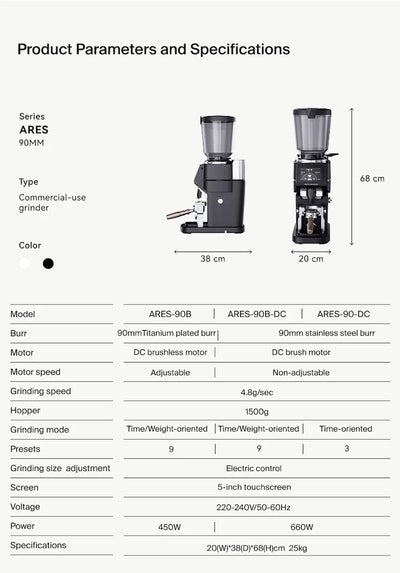 Wendougee Ares 90mm Commercial Espresso Grinder specs vellutto.eu