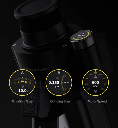 Close-up of Wendougee MILO grinder showcasing grinding time, size, and motor speed features.