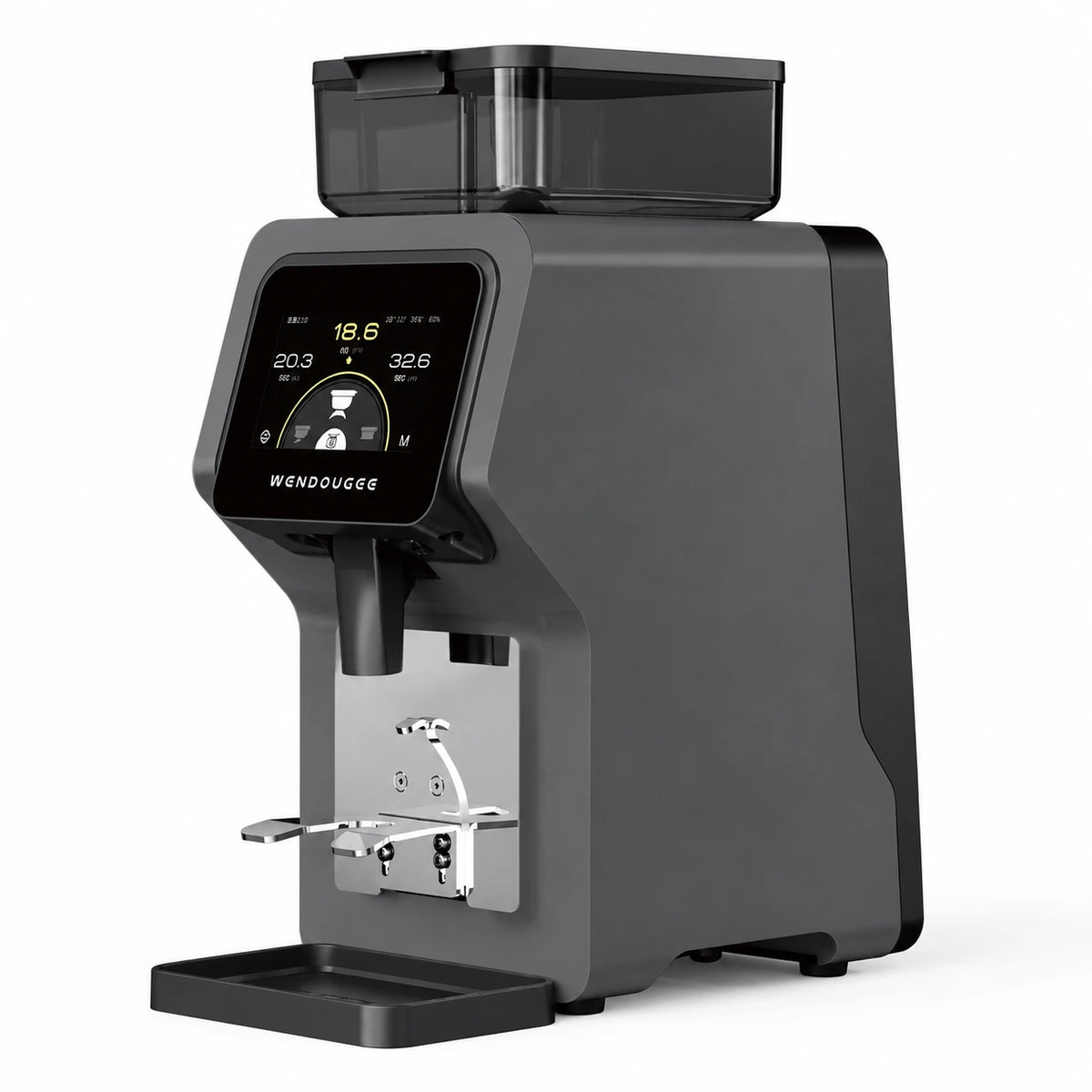 A Wendougee RKone coffee grinder  electric coffee grinder in dark gray and black, featuring a digital touch screen display, a silver metal blade assembly, and a black bean hopper on a white background.