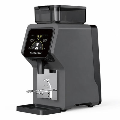 A Wendougee RKone coffee grinder  electric coffee grinder in dark gray and black, featuring a digital touch screen display, a silver metal blade assembly, and a black bean hopper on a white background.
