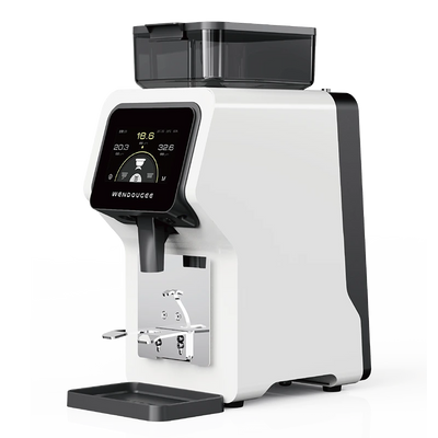 A white and black Wendougee Rkone coffee grinder with a digital touch screen, shown on a clean white background.