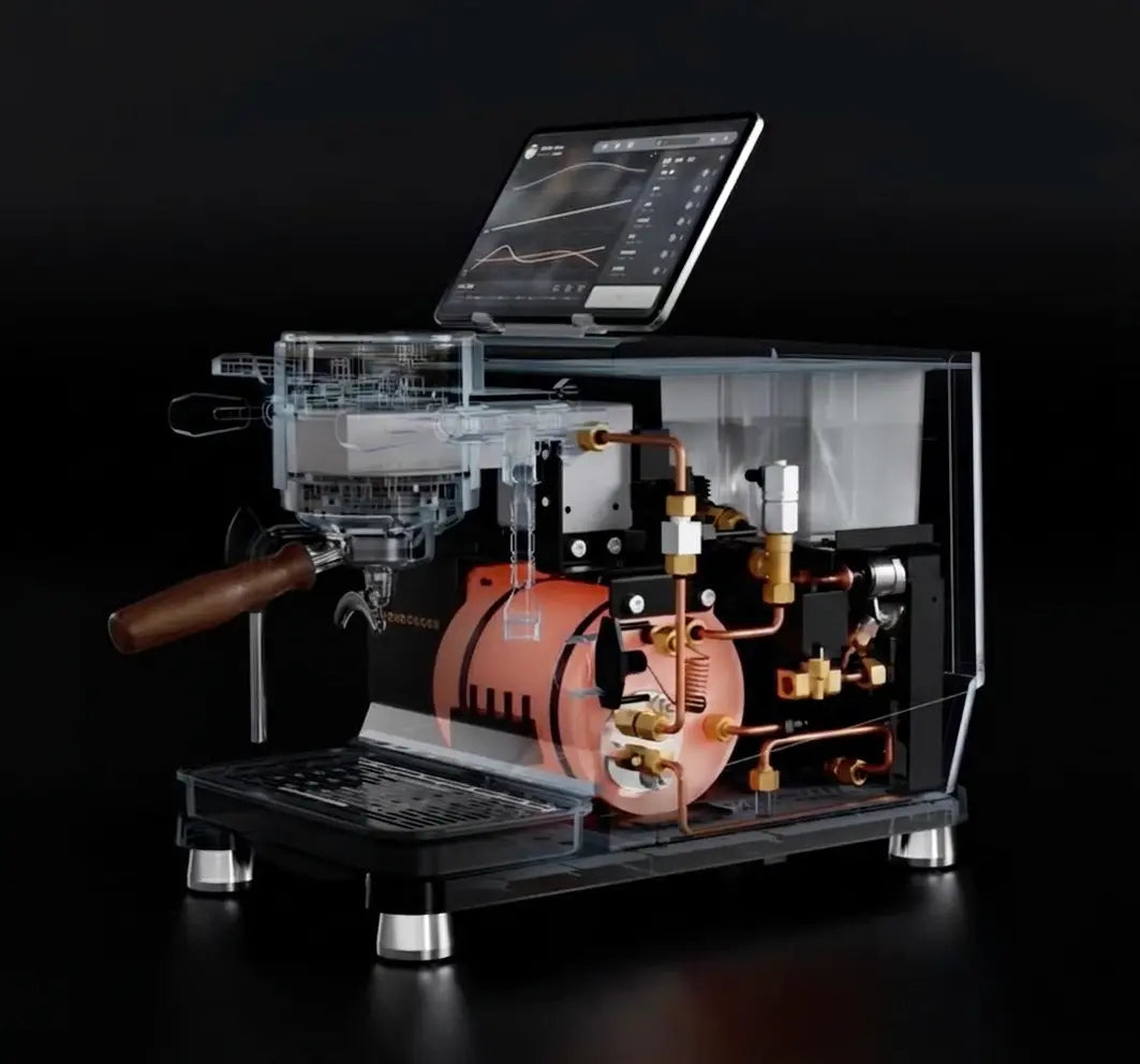 the Wendougee DATA S espresso machine with transparent side panel showing the 1,8L steam boiler highlighted and the copper piping and water connections inside the Wendougee DATA S on a black  background vellutto.eu
